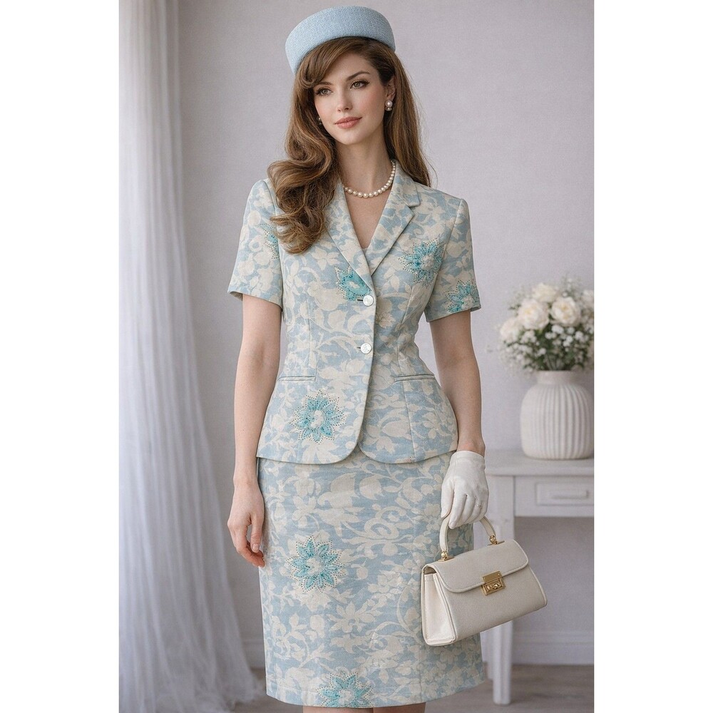 Adrianna Papell Vintage 100% Silk Floral 2 Pc Skirt Suit Set Women Size 10